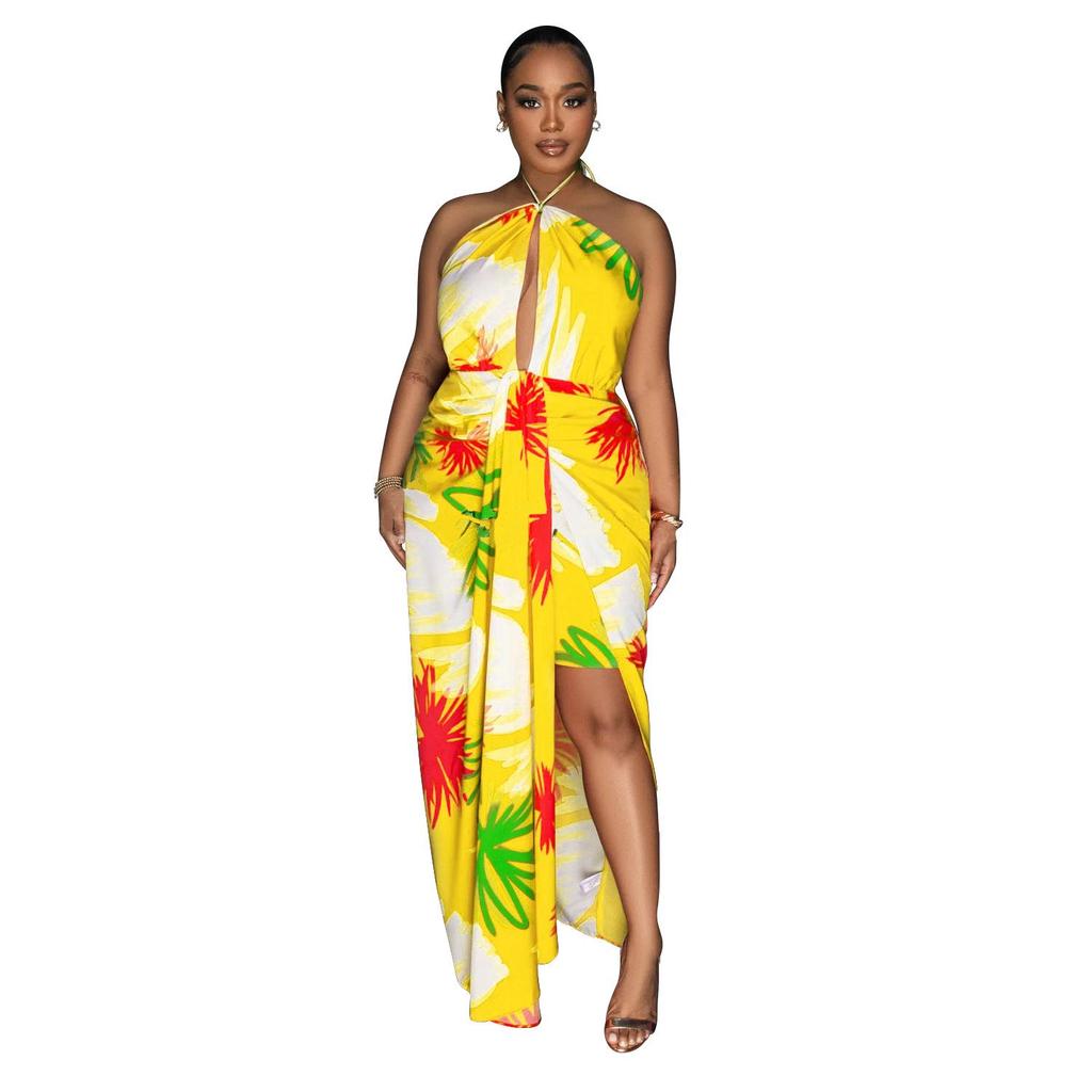 C6921 European & American Style Women's Printed Backless Lace-up Long Dress