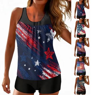 Women’s Sleeveless Tank Top and Shorts Set with Printed Flag and Pattern for Casual Summer Wear