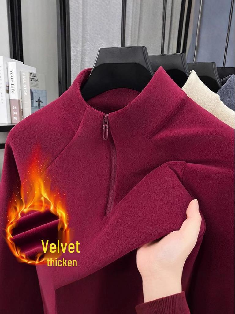 Men's Plush Lined Half-Zip Stand Collar Sweatshirt - Warm Outdoor Base Layer for Autumn & Winter