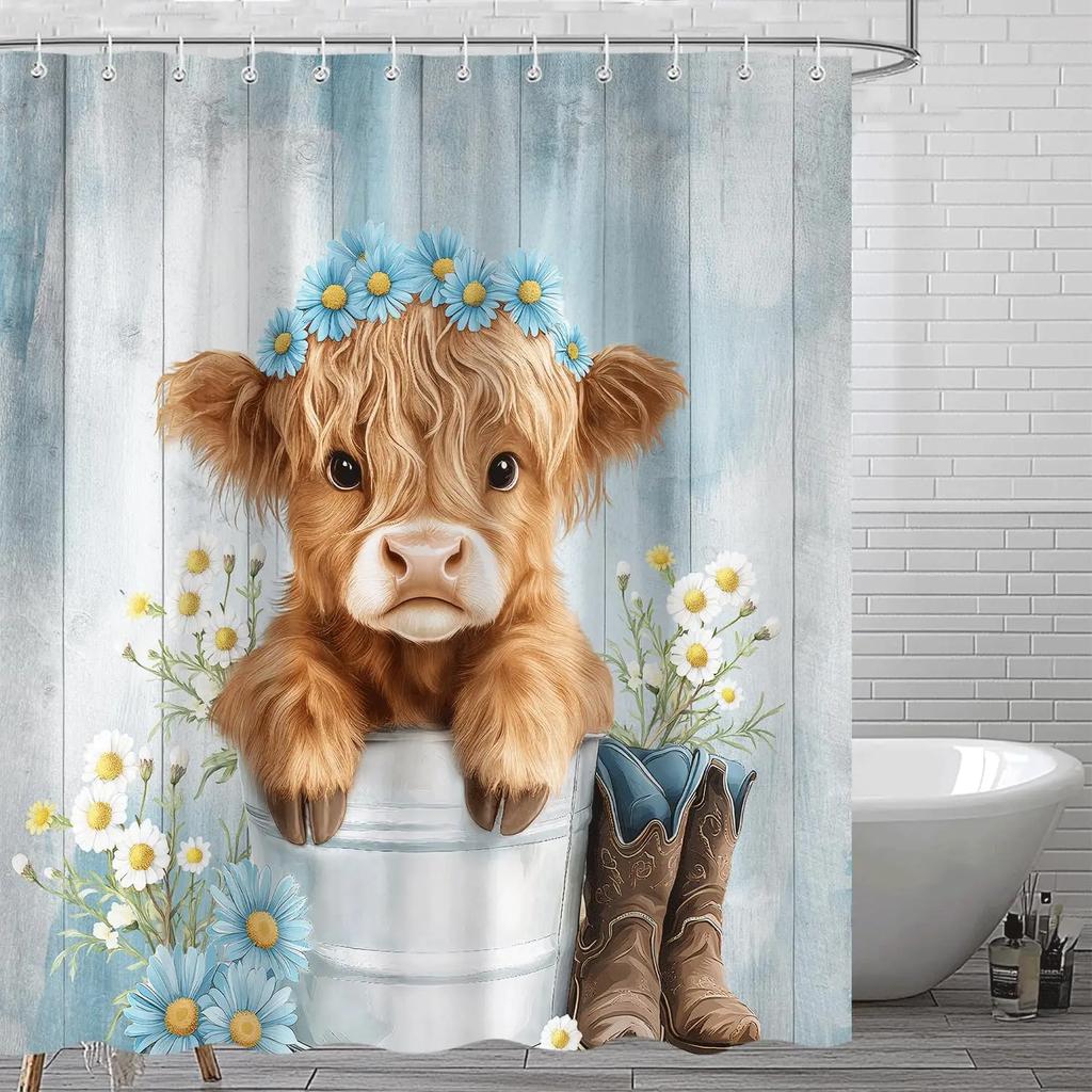 Western Highland Cow Shower Curtain, Funny Cute Art Cow Print Rustic Country Farmhouse Blue Floral Bathroom Decor, Waterproof