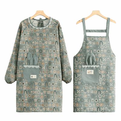 2Pcs Canvas Kitchen Cooking Apron Protective Household Suspender Work Dress Breathable Back Lace Up Long Sleeve Apron Baking