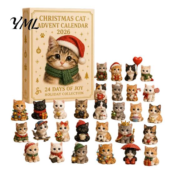 Cute Cat Collection Christmas Advent Calendar, 24 Day Countdown with Ornaments, Calendar for Girls 2D Acrylic Kitty Holiday Decorations, Gift