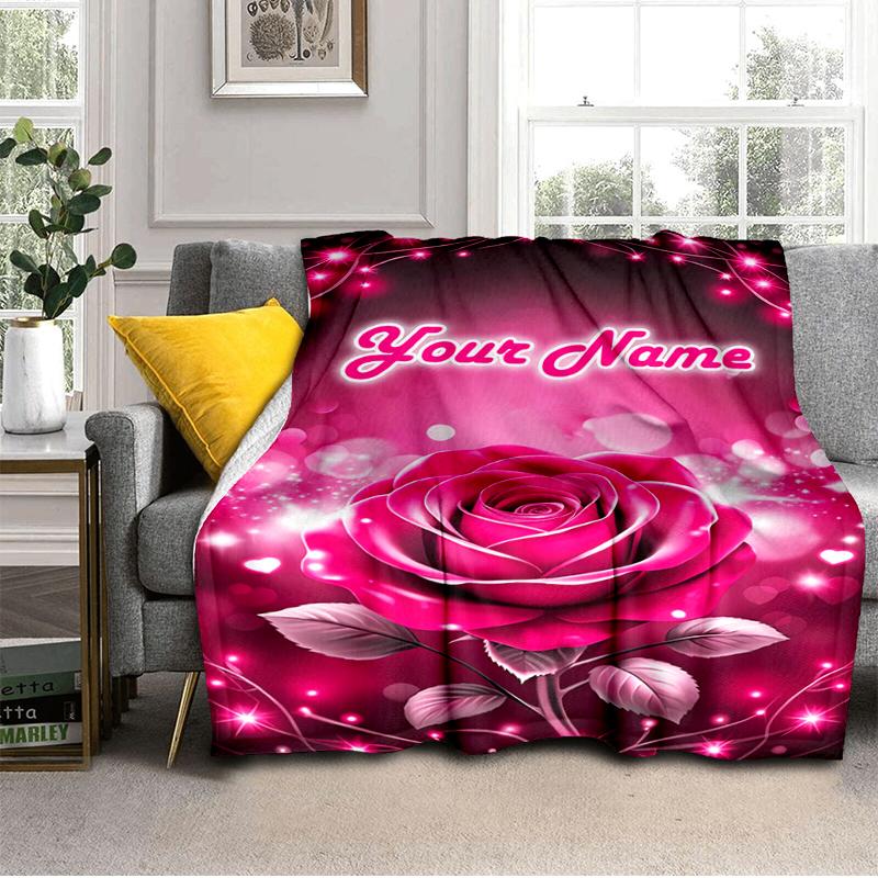 1PC Custom Name Pink Rose Romance Flannel blankets Patterns Throw Blanket All-Season Soft Gift for Couch, Bed, Camping gifts