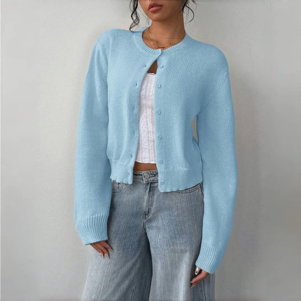 VAYLA Basics Ležérní jednobarevný kulatý výstřih dlouhý rukáv volný zkrácený dámský svetr kardigan