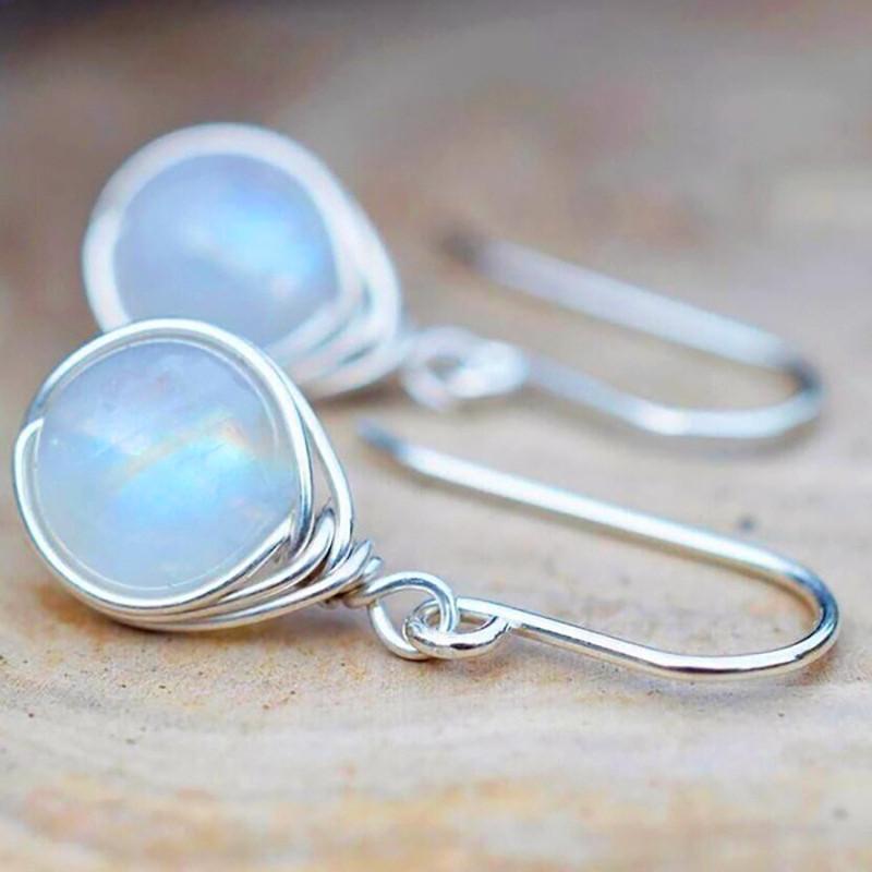 Cute Female White Moonstone Drop Dangle Earrings For Women Vintage Bridal Gold Color Round Wedding Jewelry