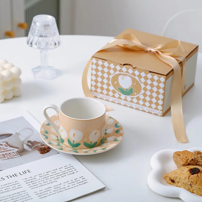 Tulip Ceramic Coffee Cup Tea Juice Breakfast Mug Flower Shaped Afternoon Milk Cup with Saucer Drinking Water Cups.for Home Party