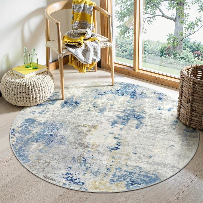 Runder Abstrakt Bunter Patchwork Teppich Vintage Used Moderne Kunst Wohnteppich Rutschfest Mehrfarbig Block Fleckige Textur Matte