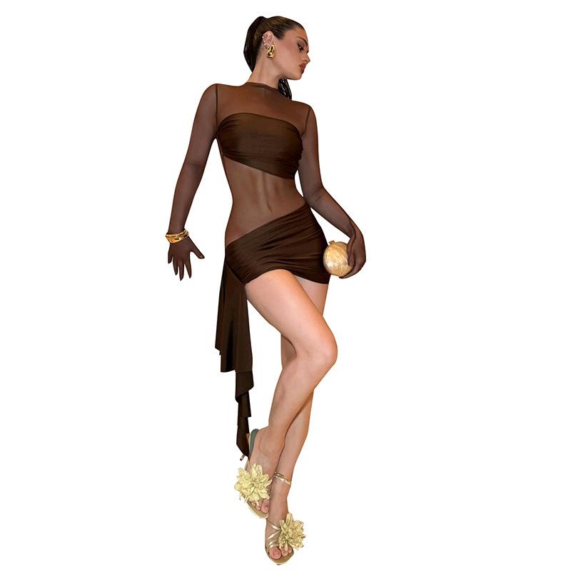 Women's Autumn Sexy Gauze See-through Long Sleeve Slim Ribbon Short Dress