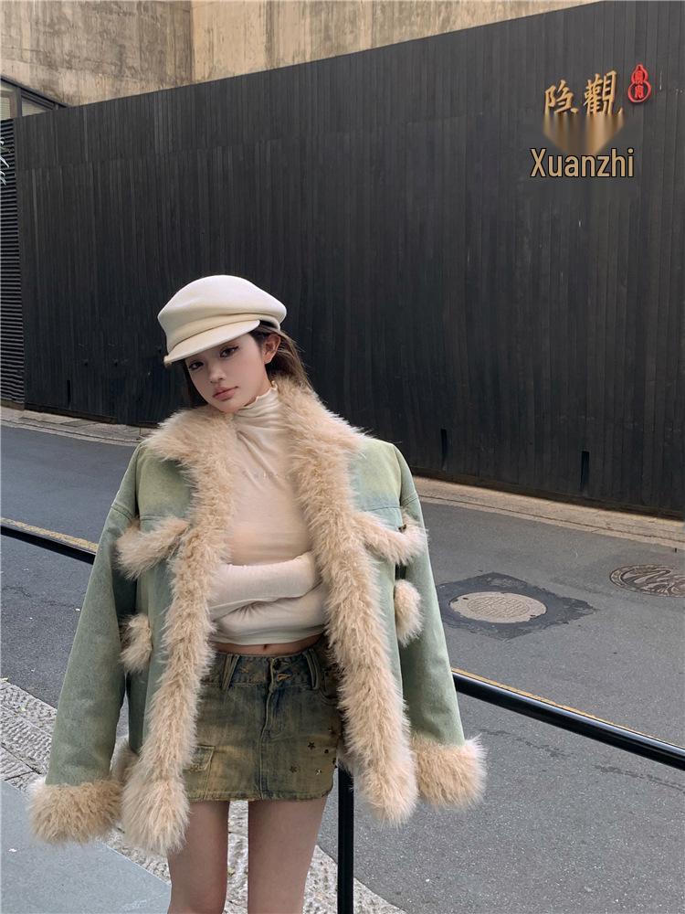 Korean Style Faux Fur Patchwork Denim Leather Women's Winter Jacket: Distressed, Loose, Padded, Thickened, Slimming Top