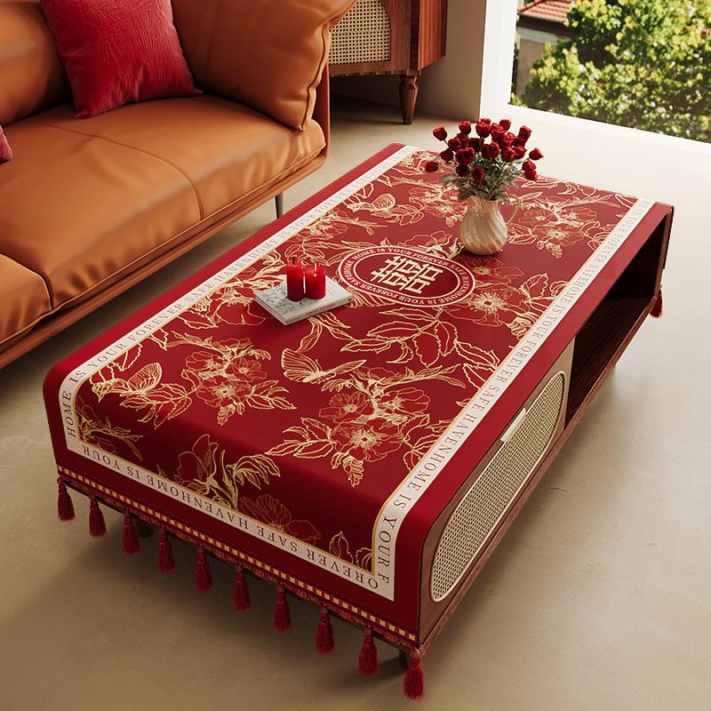 Red Festive Living Room Wedding Coffee Table Tablecloth Atmosphere Engagement Rectangular Dining Table Tablecloth Desktop Dust Cover