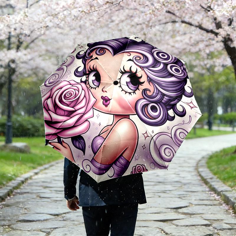 1pc Sturdy 8-Bone Auto Umbrella, Betty Boop Umbrella, Digital Printed, Foldable Umbrella for On-the-Go Outdoor Use
