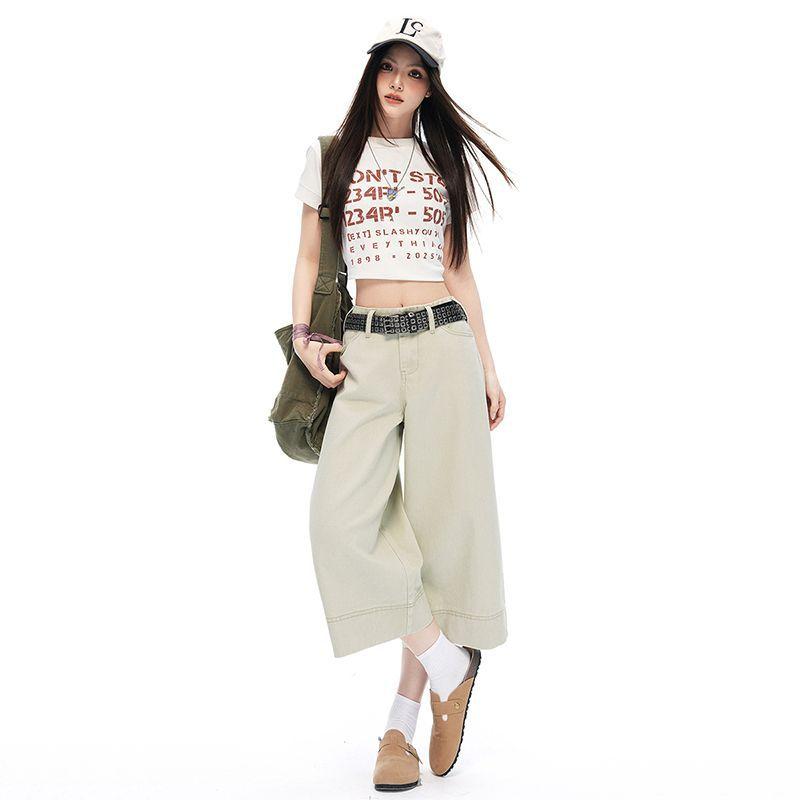 Trendy Summer Vintage High Waist Draped Wide Leg Straight Denim Cropped Capri Pants Versatile Slimming Classic Daily Pants