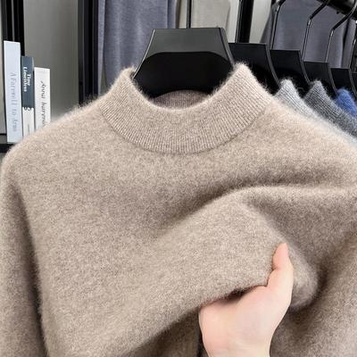 Men's Thick Wool Knit Pullover Sweater with Half-High Collar