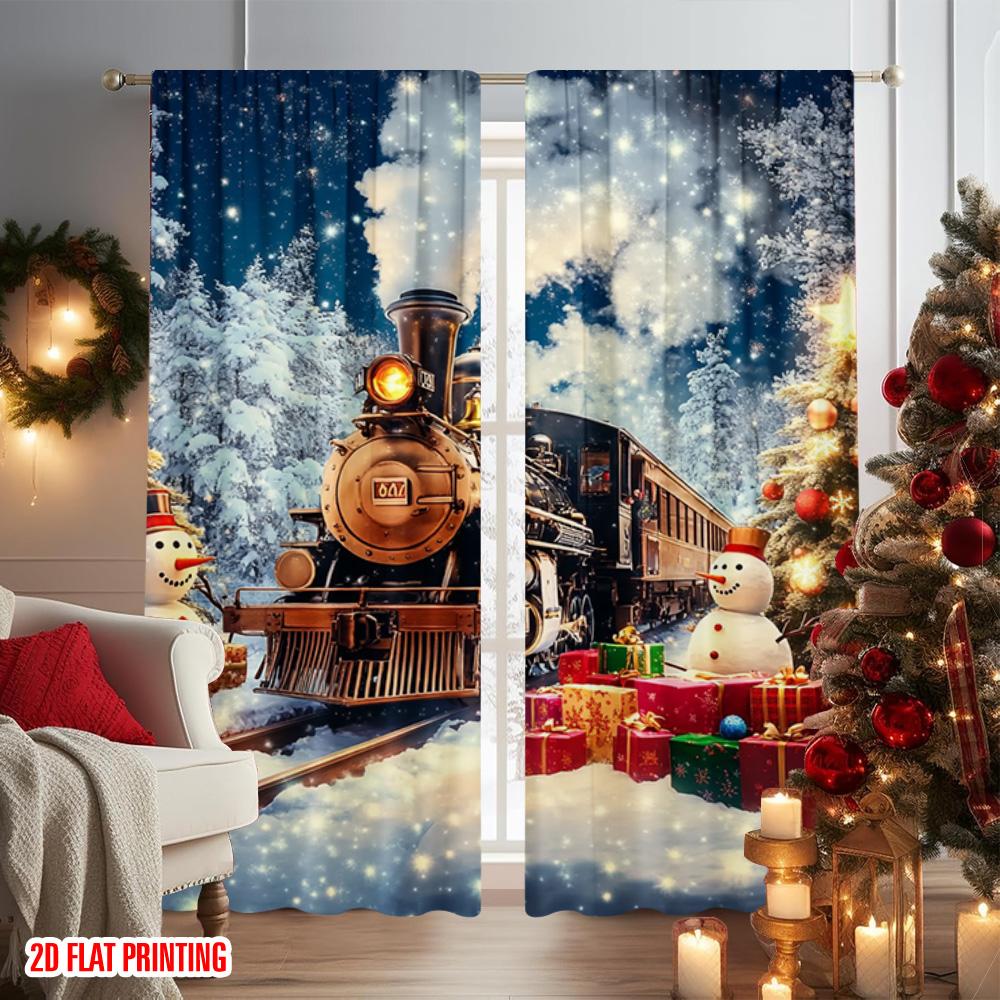 2pcs 2D flat printing Christmas Drapes Day Christmas Train Scene Fabric Without Electricity Party Decorations Perfect for