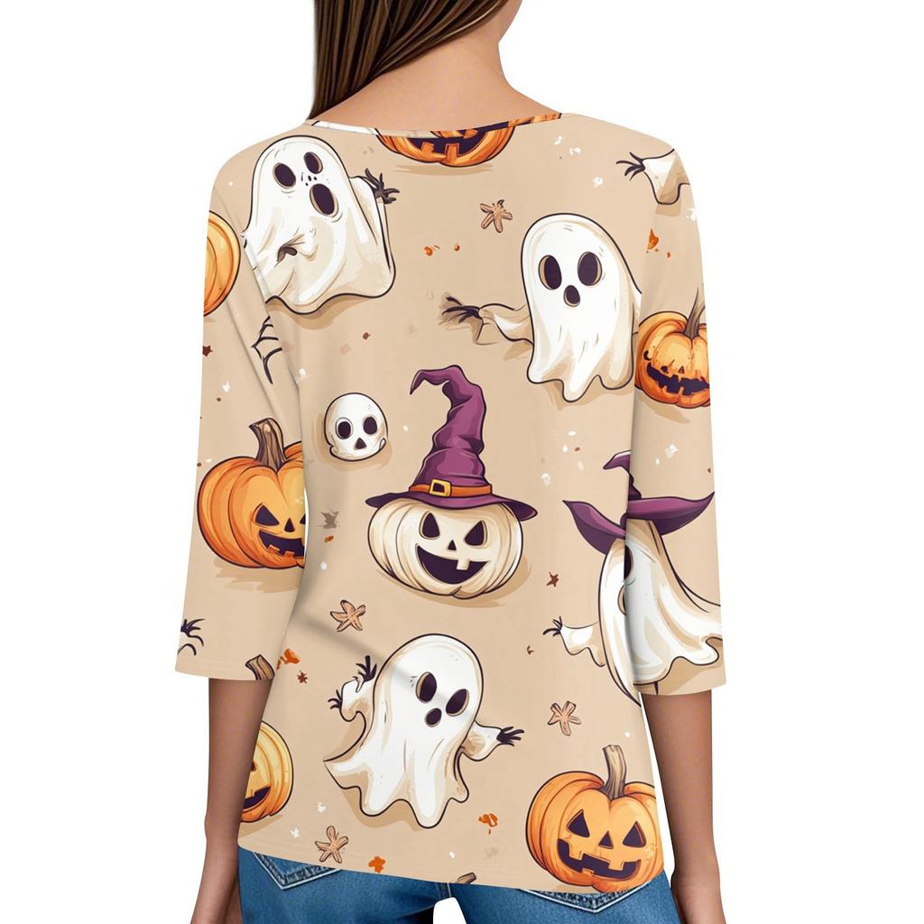 Damen T-Shirt Tee Halloween Bedruckt Knopf 3/4 Ärmel Tunika Täglich Wochenende Mode Basic V-Ausschnitt Reguläres Oberteil