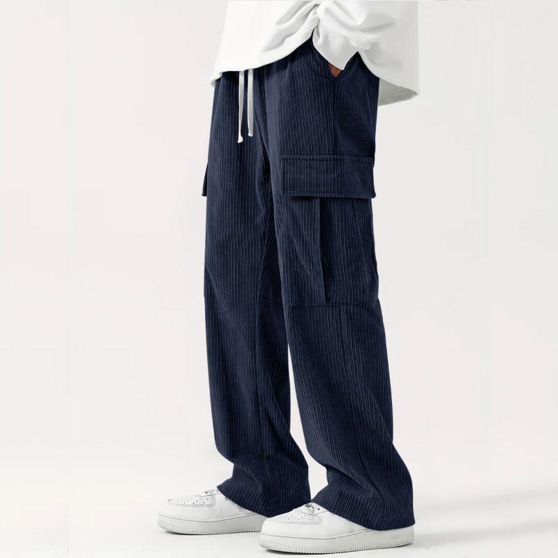 Men Olive Corduroy Cargo Wide Leg Pants Drawstring Elastic Waist Big Side Pocket Streetwear Loose Trousers