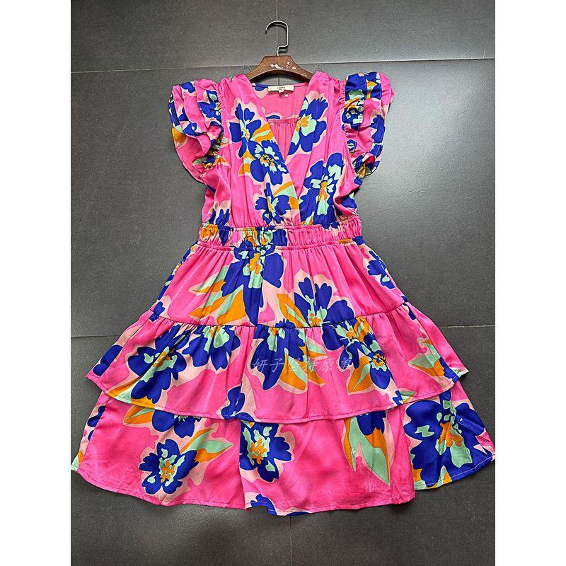 

Yanzi Export En s Vintage Ruffled V Neck A- line Waist-Tight Dress Women s Slip Mini Skirt Pink Flower Dress M