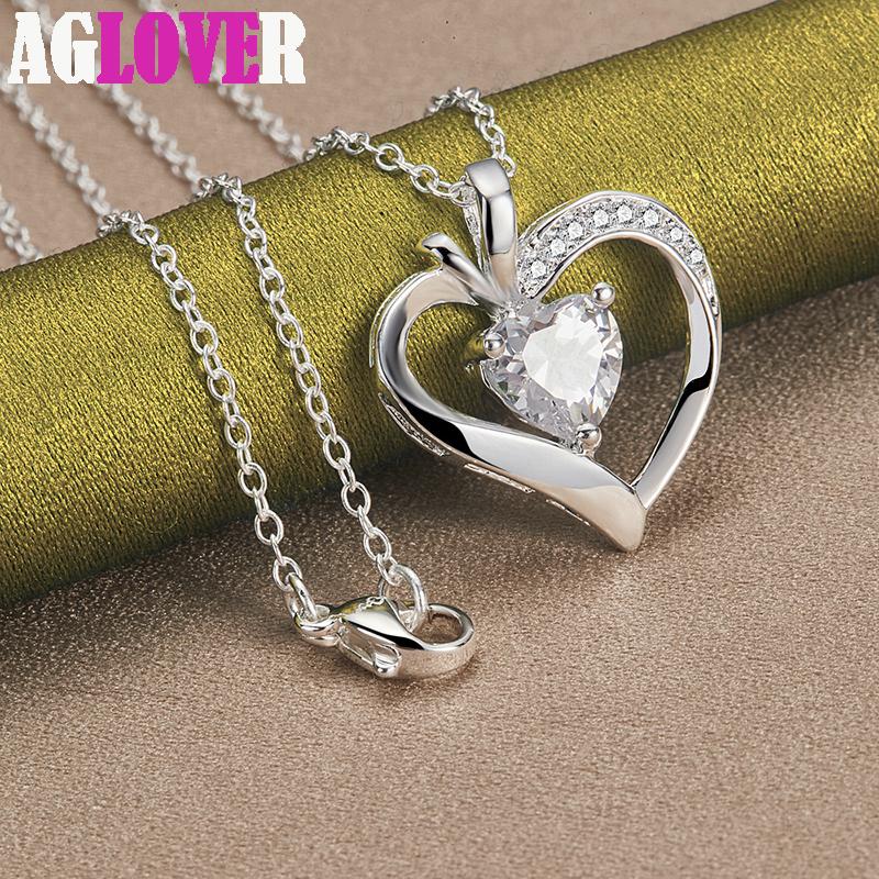 925 Sterling Silver AAA Zircon Heart Pendant Necklace Jewelry