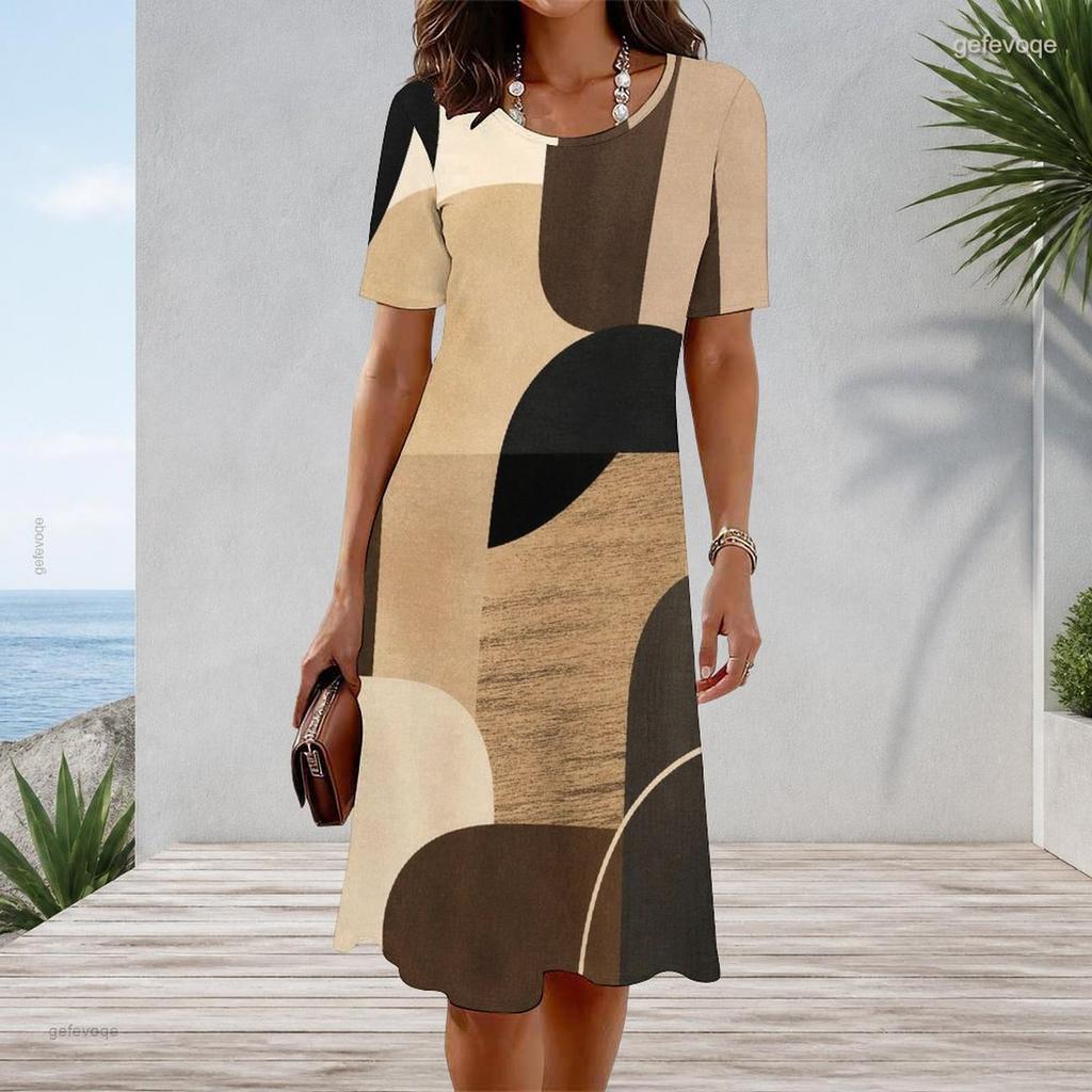 Women Plus Size Round Neck Short Sleeve Printed A Line Midi Dress