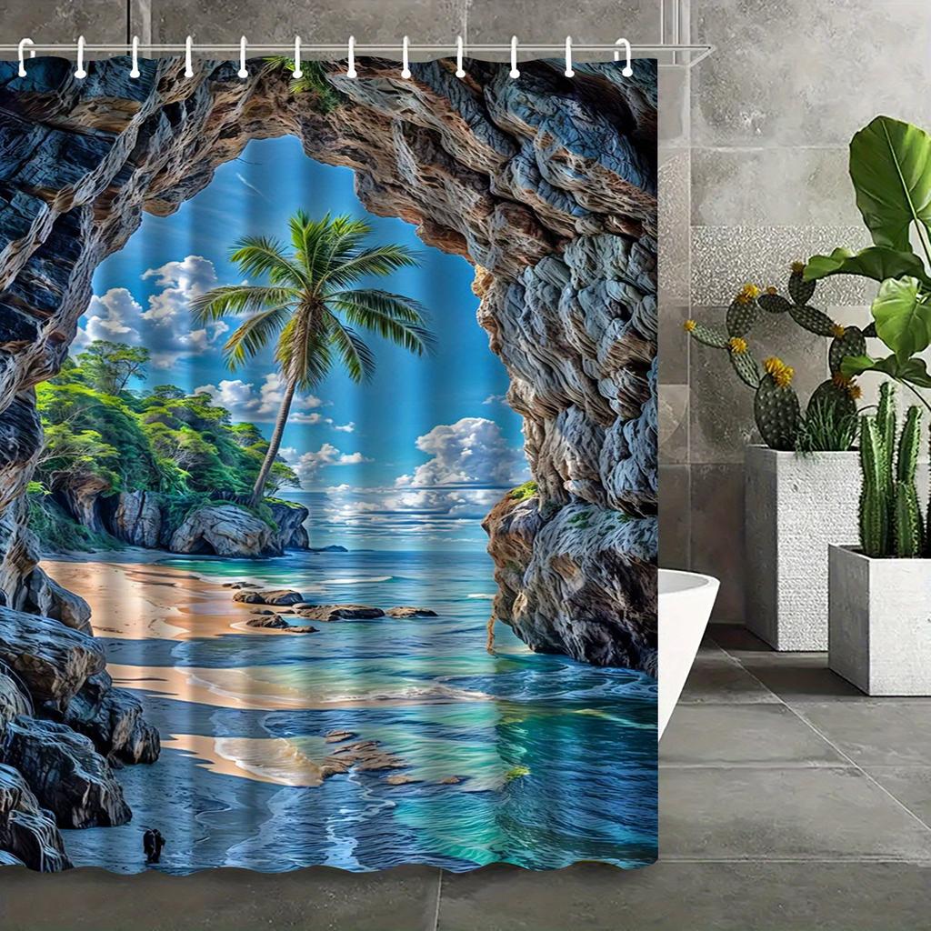 Beach Shower Curtain Tropical Island Ocean View Rock Cave Design Nature Art Modern Bathroom Decor Waterproof Printed Bath