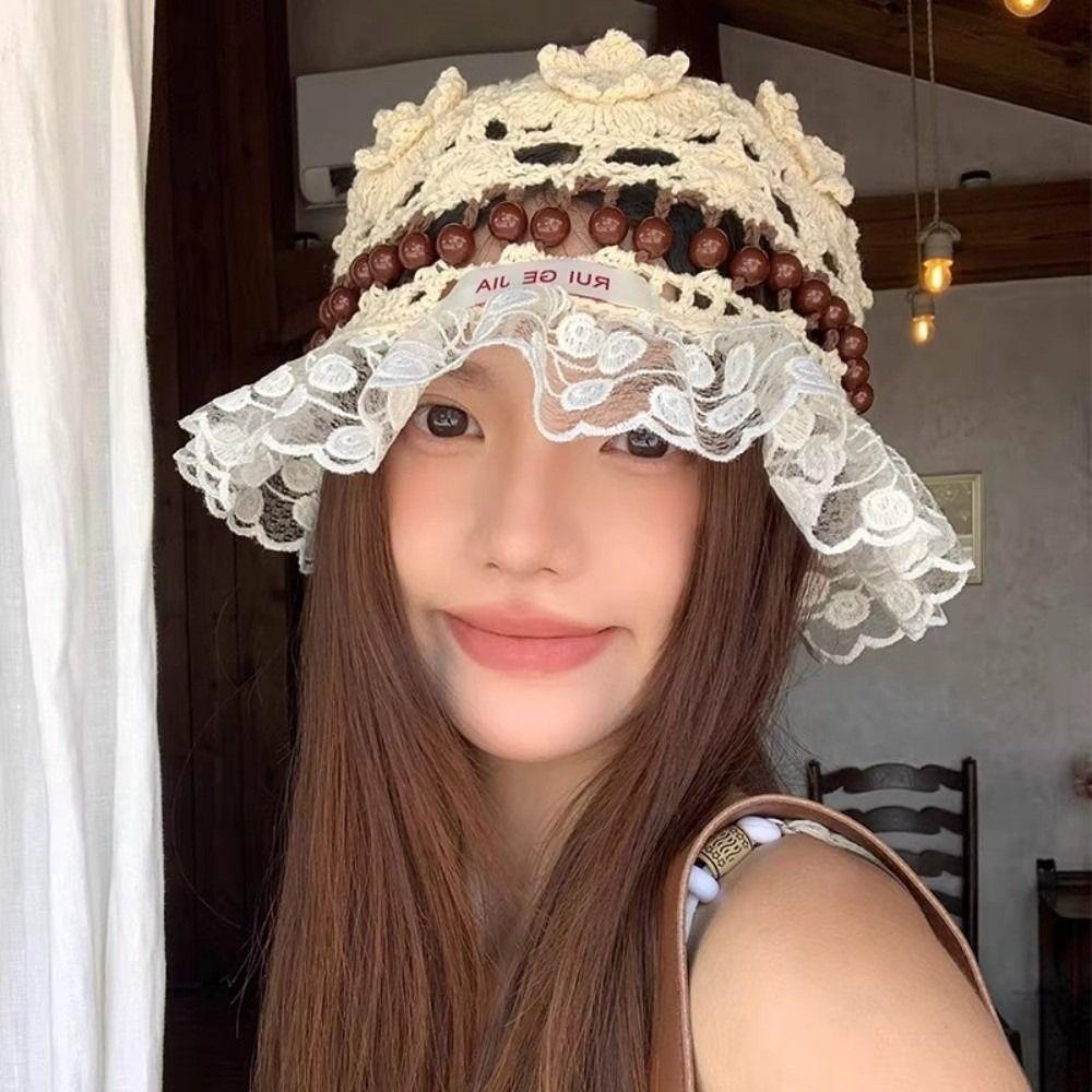 Handmade Crochet Bucket Hat Summer Weave Basin Caps Sweet Beads Knitted Hat  Girls