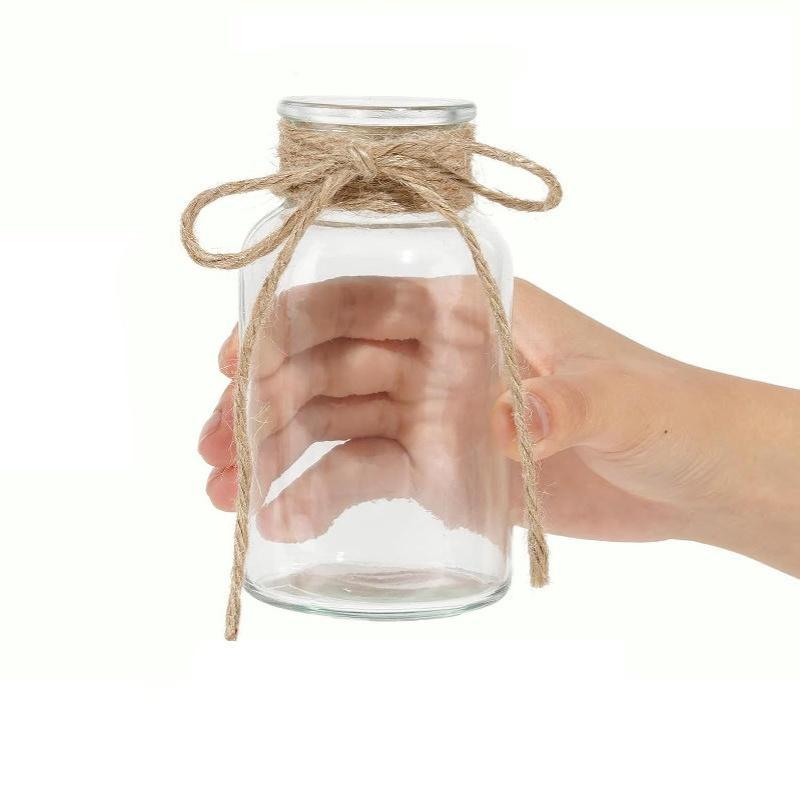 Vaso in Vetro Trasparente con Corda di Juta Naturale Fioriera Rustica in Stile Fattoria per Fiori Freschi, Bouquet Secchi Ornamenti Decorativi per la Casa Boho