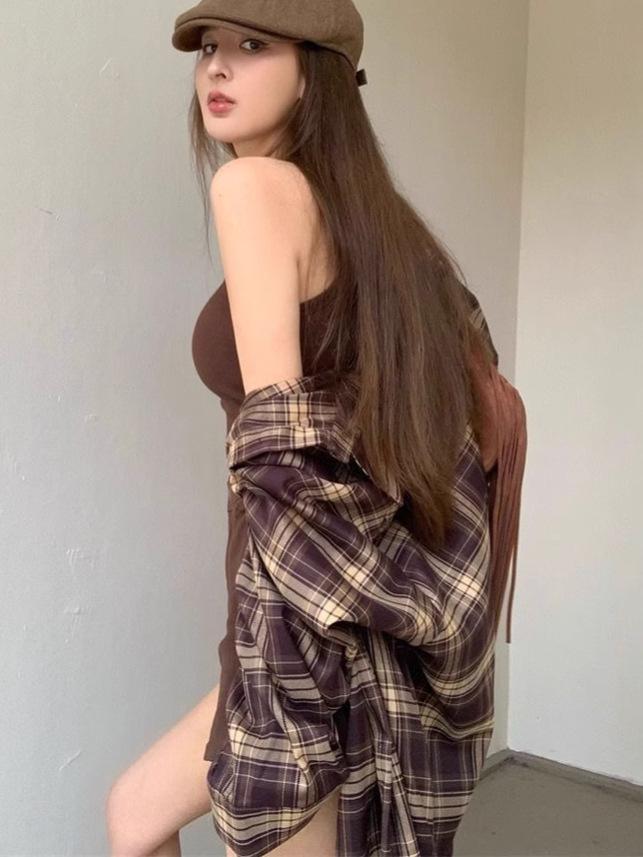 Women's Retro Plaid Long Sleeve Shirt - Spring Style, Loose Fit, Sun Protection, Mid-Length Top