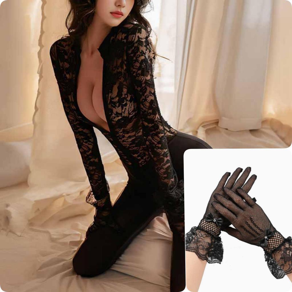 Sensual Lace See-Through Bodysuit with Double-Headed Zipper