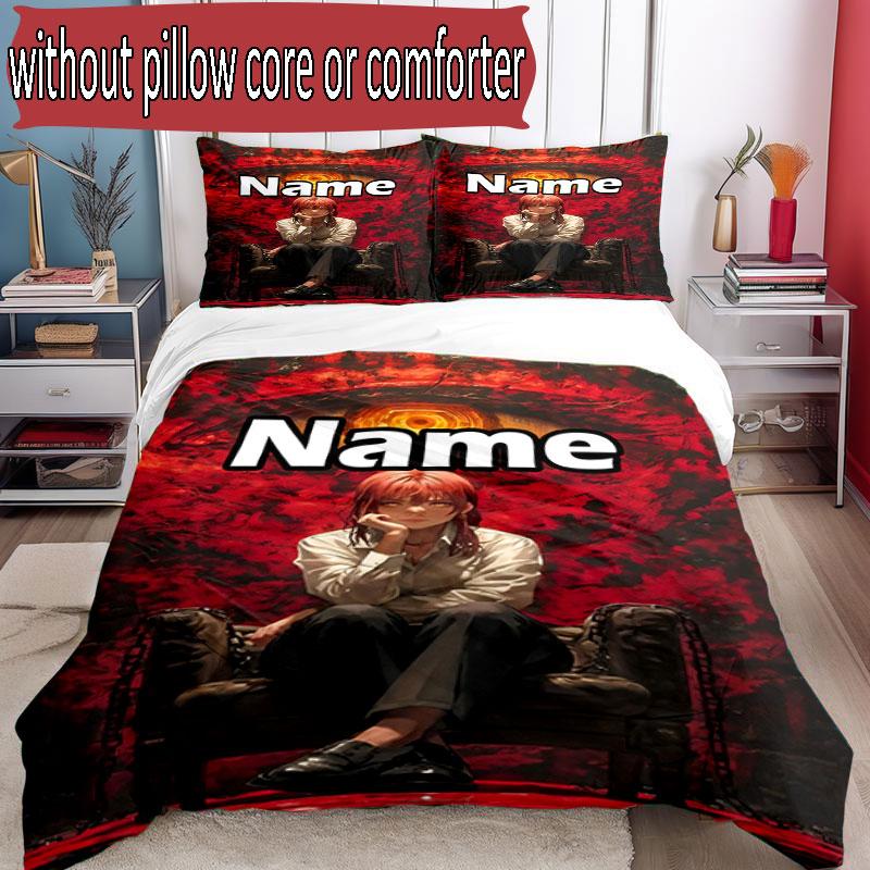 3pcs Duvet Cover Set (1*Duvet Cover + 2*Pillowcase, Without Core), Custom Name Makima Chainsaw Man Pattern Bedding Set, Home Bedroom Decor Gift