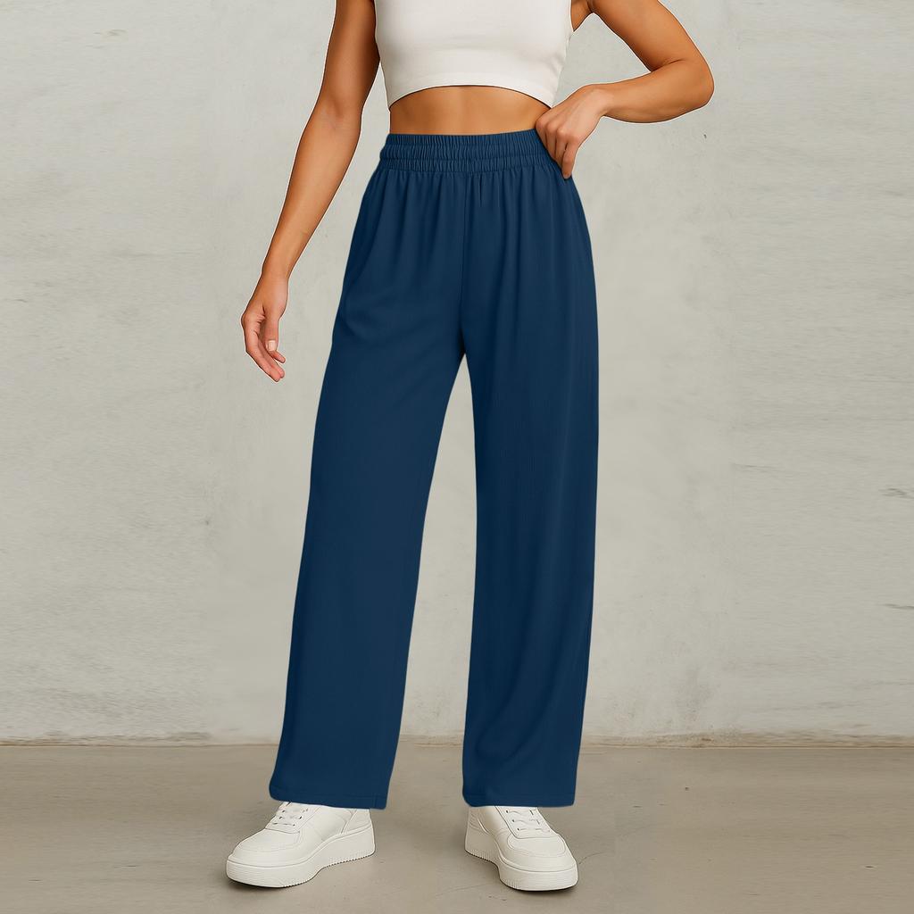 Women's Elastic Waist Wide Leg Pants Baggy Casual Stretch Palazzo Pants With Pockets