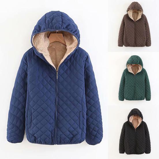 Women Coat Solid Color Hooded Plush Thicken Winter Jacket for Work