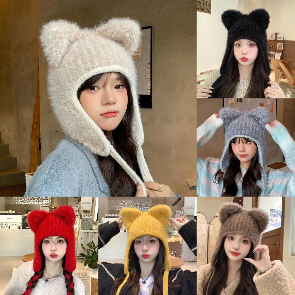 Style Knit Hat For Women With Plush Bear Ears Warm Winter Beanie For Casual Fashion