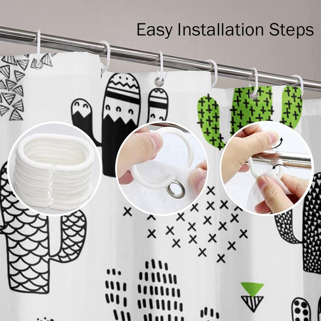 Black Desert Shower Curtain - Cute Hand Drawn Cactus & Geometric Design, Waterproof Polyester Fabric With Hooks, Bath Decor