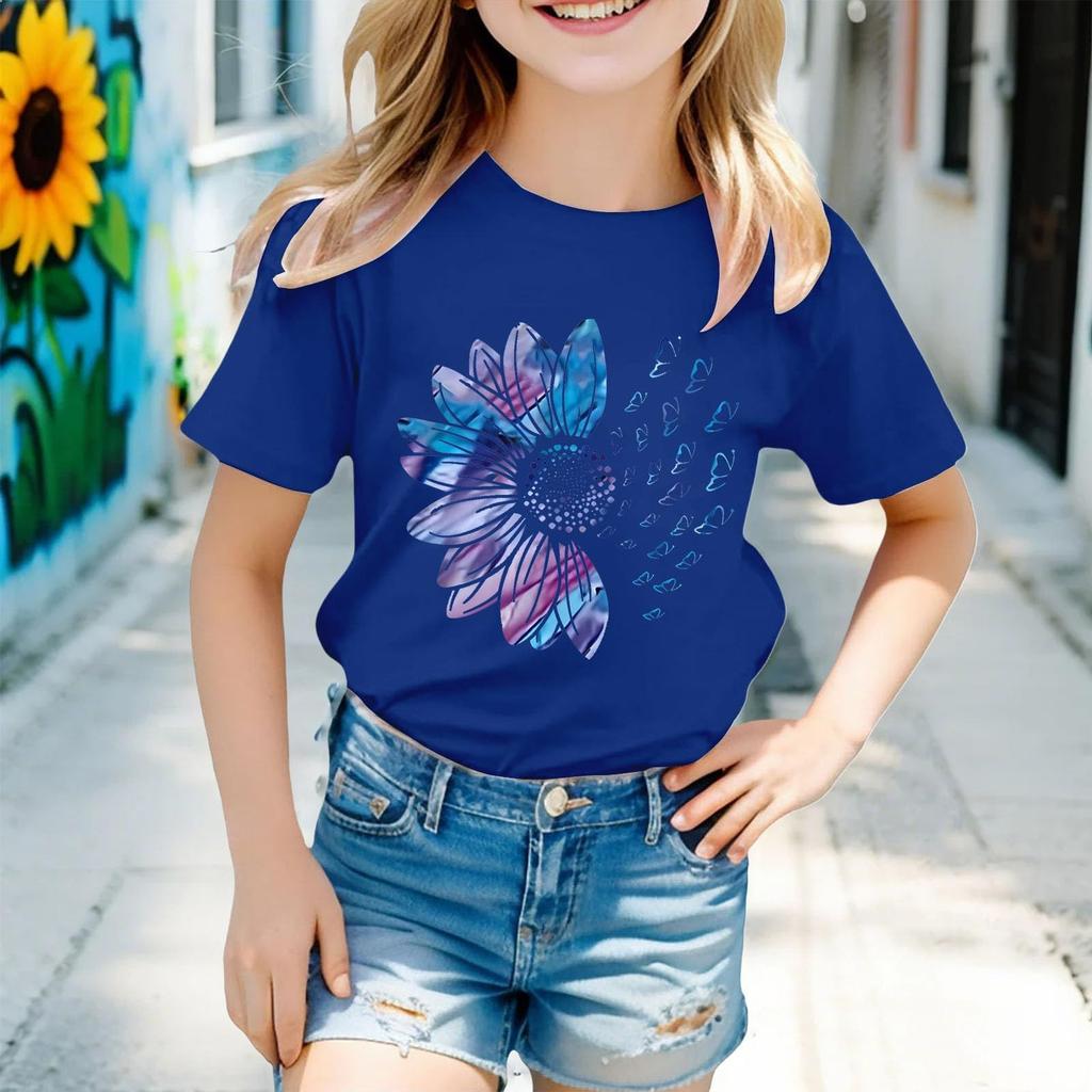 Kindermode Kurzarm Rundhals Floral Bedruckt Lässiges T-Shirt Top