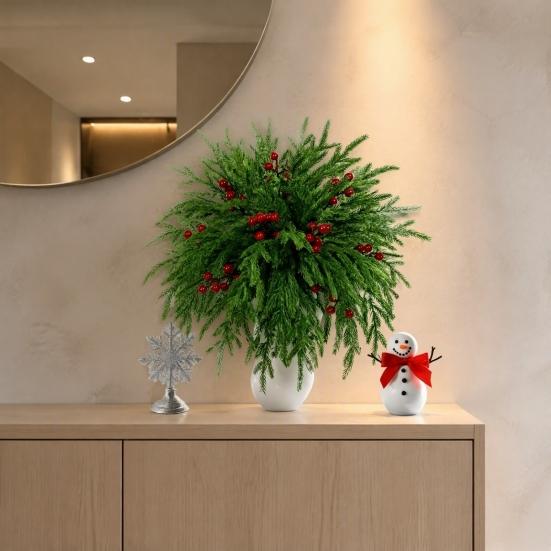 Tabletop Plant Ornaments for Home 20Pcs Christmas Norfolk Pine Picks, Flocked Snow Branches with Lifelike Floral Decor Gift Red Berries, Artificial