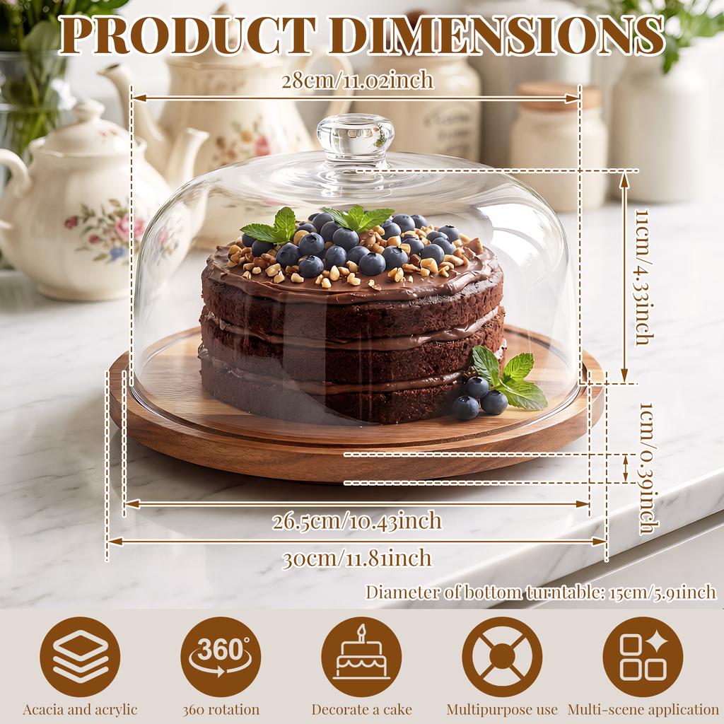 12 In Wood Cake Stand With Acrylic Dome Lid Rotating Cake Plate With Cover Wooden Cake Display Stand For Baking Kitchen Utensils