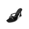 Rhinestone high-heeled sandals for women's 2025 new square head cross with stiletto one-word slippers for outer wear
