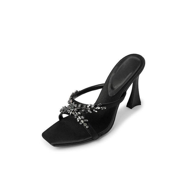 Rhinestone high-heeled sandals for women's 2025 new square head cross with stiletto one-word slippers for outer wear