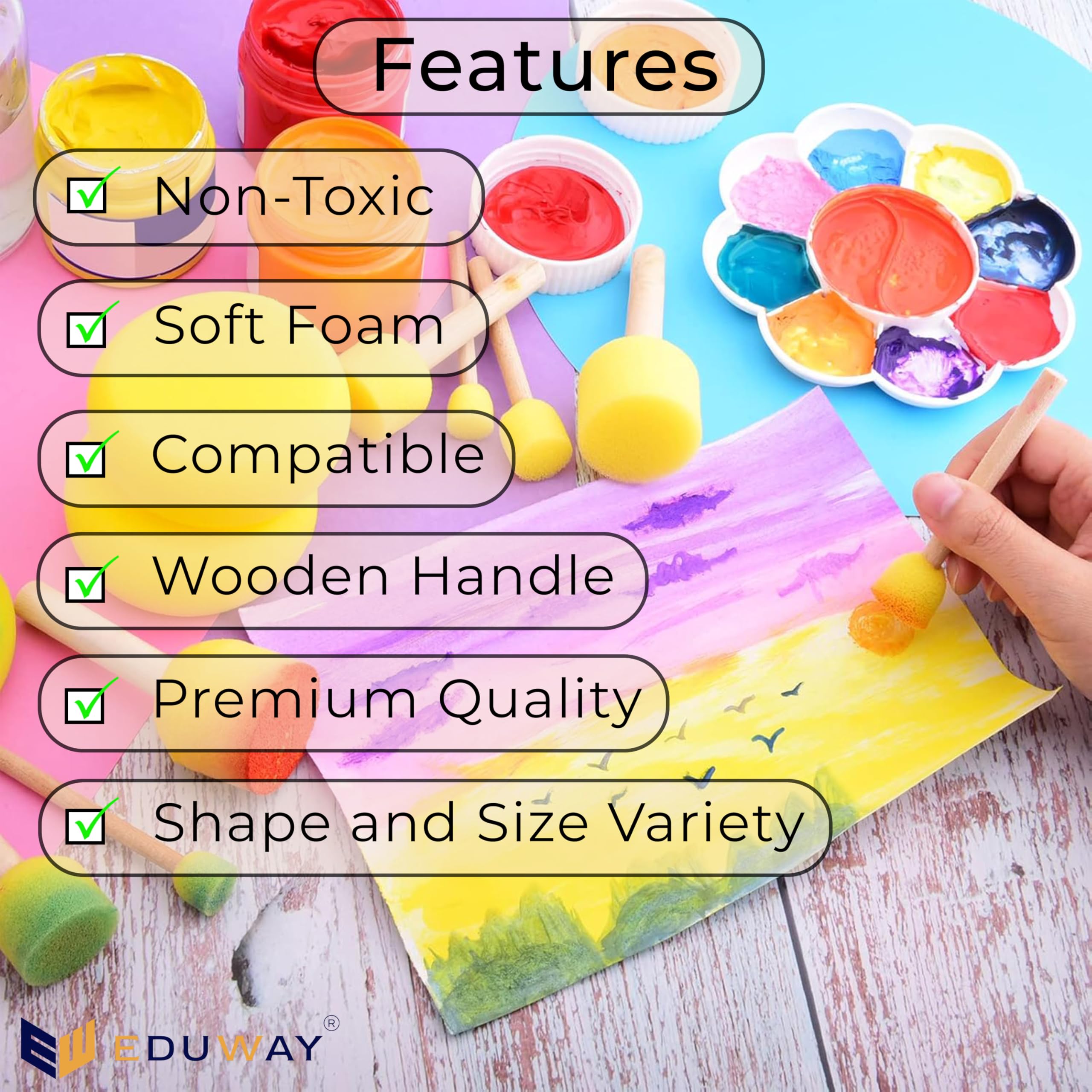 Eduway 5 Pcs Round Stencil Foam Sponge Dabber Set With Wooden Handle Brush Set For Art & Craft, Wall Paintings | Stipple Assorted жёлтый