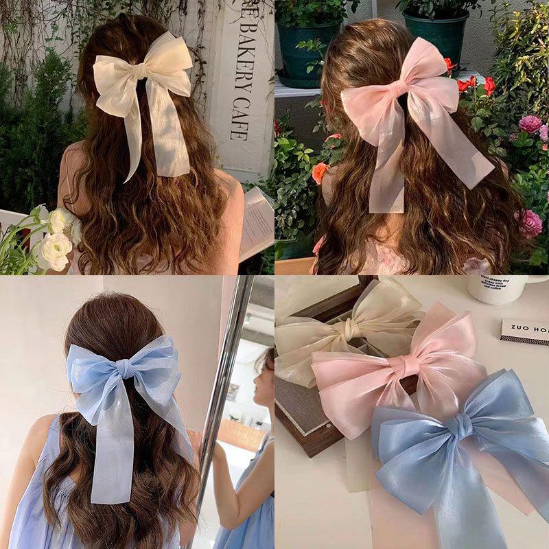 Clips de păr cu fundă șifon Femei Fundă mare Satin Agrafă de păr Fete Culoare solidă Clips coadă de cal Accesorii de păr Articole de acoperit cap Cadou
