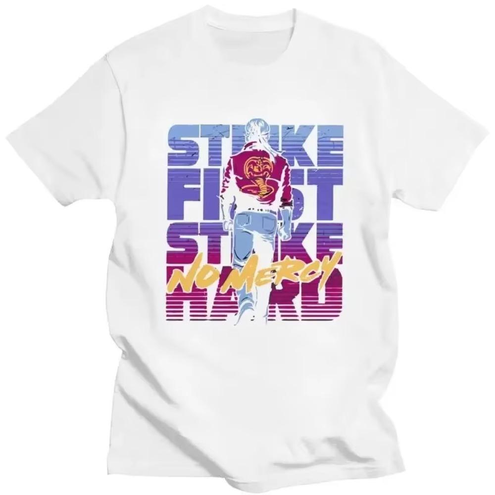 Vintage  T Shirt Men Tshirt Unique Tee Short Sleeved Karate Kid Strike First Strike Hard No Mercy Tops Ropa Hombre