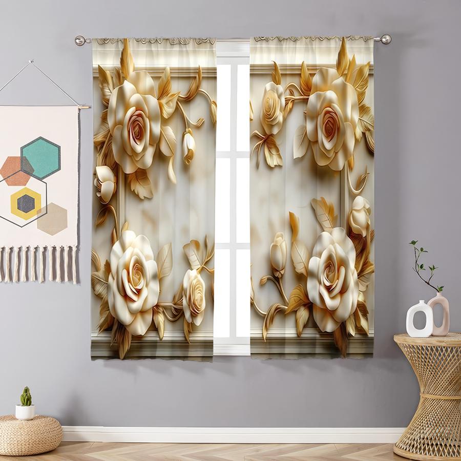 

2pcs Golden and white rose curtains European court style living room bedroom drawbar pocket style window decoration 100*130 HOOK 1pcs