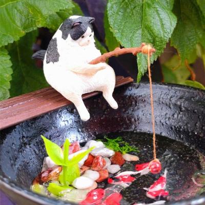 Pot Cat Hanging Decoration Aquarium Tanks Decor Fish Tank Ornaments Cat Statue Miniature Figurines Kitten Fishing Ornament