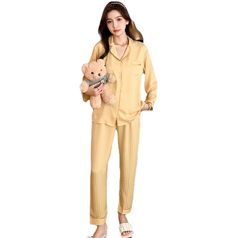 Women's Spring and Autumn Ice Silk Loungewear Ladies Summer Thin Breathable 2 Piece Long Sleeve Pajamas Set Jacquard Houndstooth Homewear