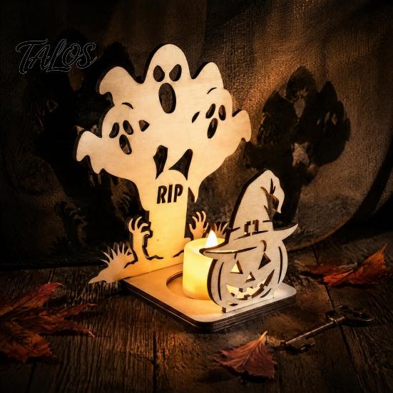 Spooky Atmosphere Tabletop Light Halloween Candle Holder, Pumpkin Bat Shadow Tealight Unique Hollowed Craft Gift Vintage Wooden Candlestick