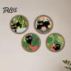 Green Plant Cat Wall Art 4Pcs/Set Plants Decorations, Farmhouse Cartoon Wooden Sign Kitten with Round Frame, Rustic for Living Room Decoration