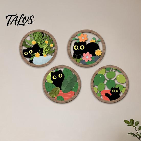 Green Plant Cat Wall Art 4Pcs/Set Plants Decorations, Farmhouse Cartoon Wooden Sign Kitten with Round Frame, Rustic for Living Room Decoration