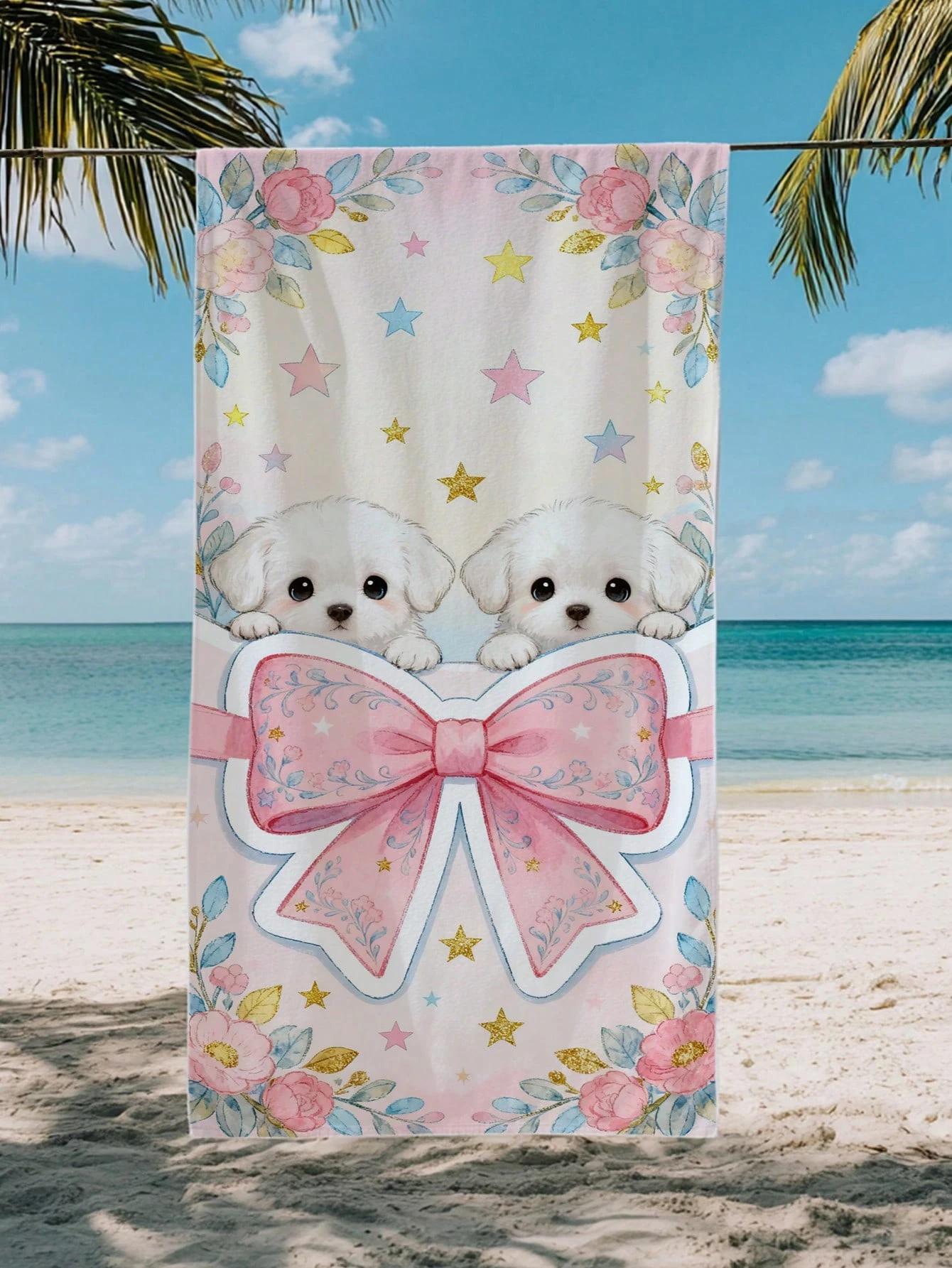 

Cartoon Puppy Bow Graphic Beach Towel,Microfiber Durable, Home Decor Gift, Cute Dog Floral Star Print Oversized Bath Towel W40*H60(CM)