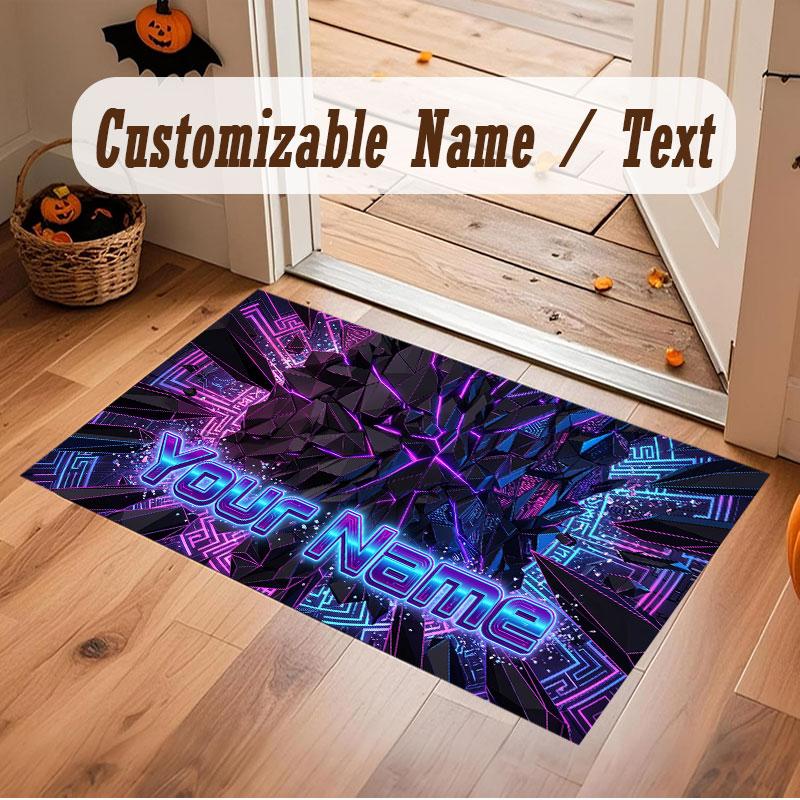 City Cyberpunk Theme Crystal Velvet Floor Rug Personalized Custom Name Text Warm Carpet Home Decoration