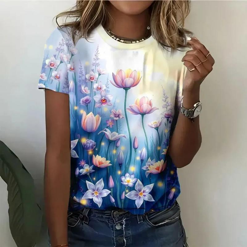 Flower Short Sleeve 3D Flower Color Printing Fashion Women's Crew Neck Short Sleeve Crew Neck T-Shirt Senior Women's Clothing